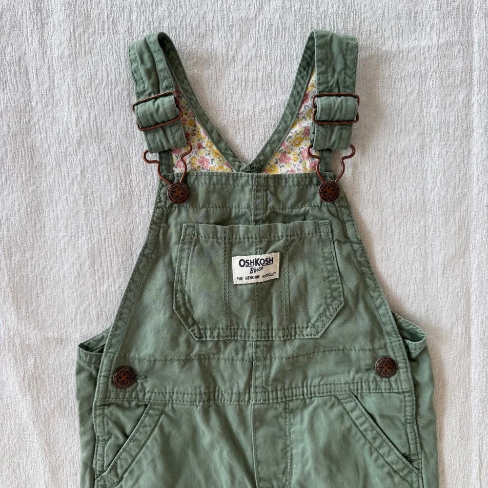 OshKosh B'gosh Toddler Overalls Size 2T Green Cotton Bib Overalls Floral Lining
